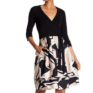 Diane Von Furstenberg Black and Cream Long Sleeve Wrap Dress